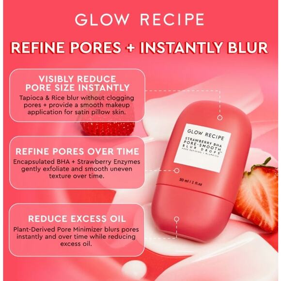 Glow Recipe Strawberry BHA Pore-Smooth Blur Drops 30 ml Treatment Primer New - Picture 2 of 4